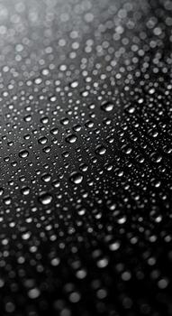 Macro photograph of numerous small water droplets scattered across a dark textured surface creating a mesmerizing abstract pattern photo