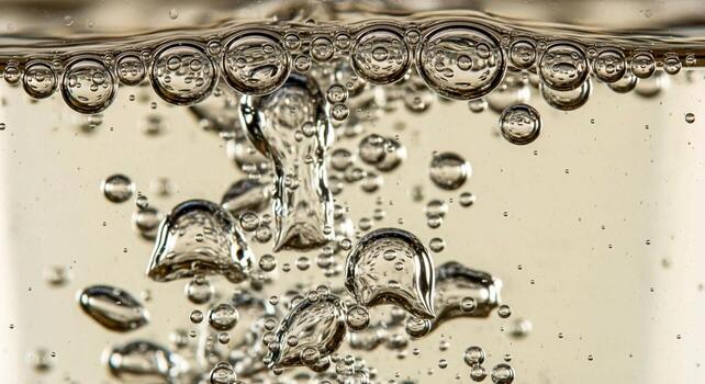 Close up view of numerous small and large air bubbles rising through a clear liquid creating a dynamic texture photo