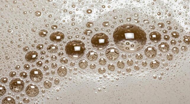 Close up macro view of numerous small and large brown bubbles forming a textured pattern on a light surface photo
