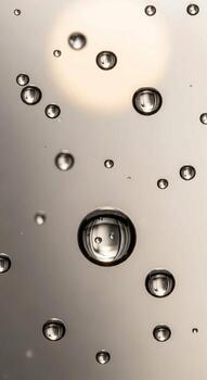 Close up view of numerous small and large bubbles rising on a reflective metallic surface with soft lighting photo