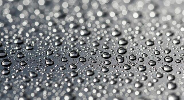 Macro photograph of countless tiny water droplets glistening on a textured metallic surface creating a mesmerizing abstract pattern photo