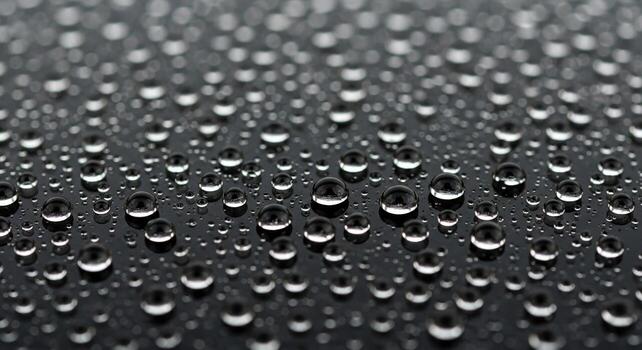 Macro photograph of numerous tiny water droplets glistening on a dark textured surface creating a mesmerizing abstract pattern photo