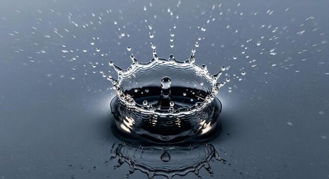 A single water droplet creates a mesmerizing crown splash with intricate patterns and reflections on a smooth surface photo