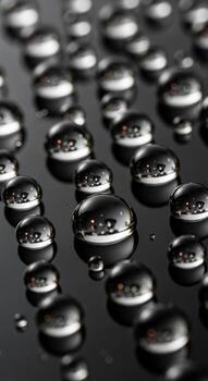 Macro photograph of numerous glistening water droplets scattered across a dark reflective surface creating a mesmerizing abstract pattern photo