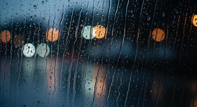 gotas de lluvia racha abajo un ventana cristal a noche borrón vistoso ciudad luces dentro resumen bokeh patrones foto