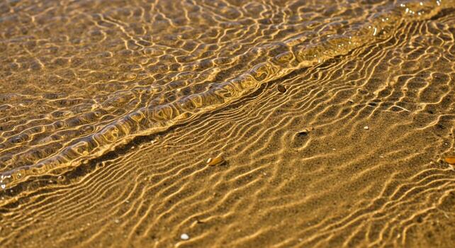 Sunlight refracts through shallow clear water creating mesmerizing patterns on a sandy riverbed with gentle ripples photo