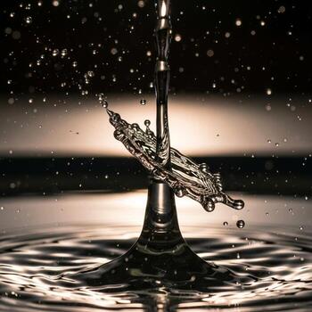 Captivating high speed photograph captures the intricate frozen moment of a water drop collision creating a delicate splash sculpture photo