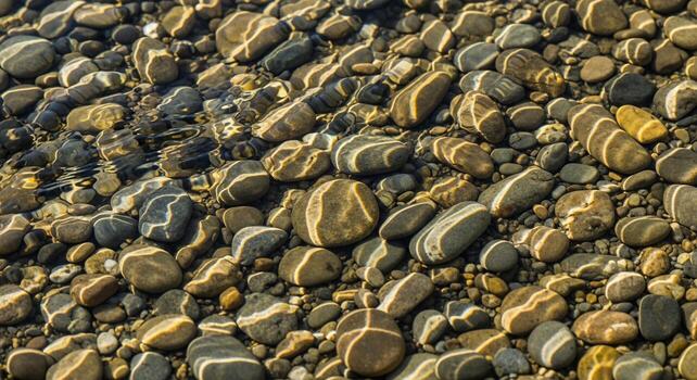 Close up view of a textured collection of smooth rounded river stones and pebbles in various earthy tones and patterns photo