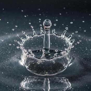 Capturing the dynamic moment of a water droplet creating a mesmerizing splash and crown effect on a dark surface photo