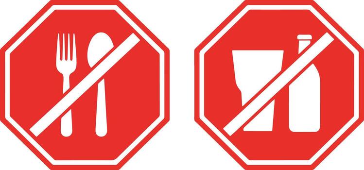 A set of red octagonal prohibition signs indicating no food or drinks allowed. graphic illustration of restricted area symbols for eating and drinking vector