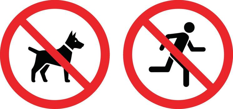 íconos para público seguridad, un conjunto de rojo prohibición señales demostración No perros y No correr, aislado gráfico elementos para monitor vector