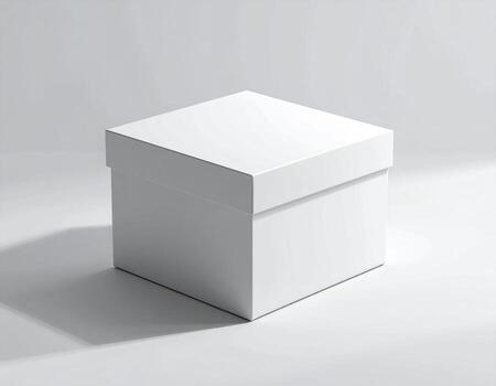 Minimalist white cube box with a closed lid for product packaging or gift presentation. Blank template mockup isolated on a studio background with soft realistic shadow photo