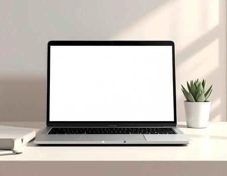 Minimalist workspace mockup with a laptop featuring a blank white screen for design placement. Modern office desk setup with a plant in a bright, neutral studio light setting photo