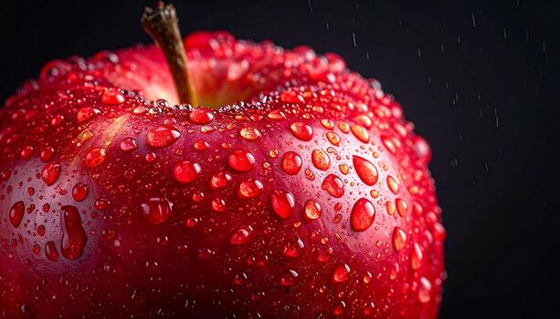 Hyper-realistic studio macro photograph of a fresh red apple with glistening water droplets and visible skin texture on a dark background photo