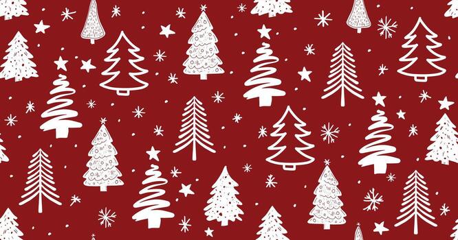 Navidad árbol modelo en rojo fondo, dibujado a mano ilustraciones. vector