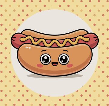 A cute hot dog in a bun, with big happy eyes and a tiny smile. It has a swirl of mustard and ketchup on top. The background is a pale yellow with small red and yellow polka dots vector
