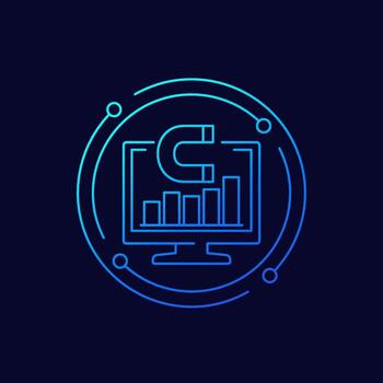 customer retention metrics icon with magnet and computer, linear design vector