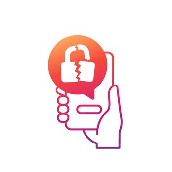 roto bloquear icono con un teléfono en mano vector