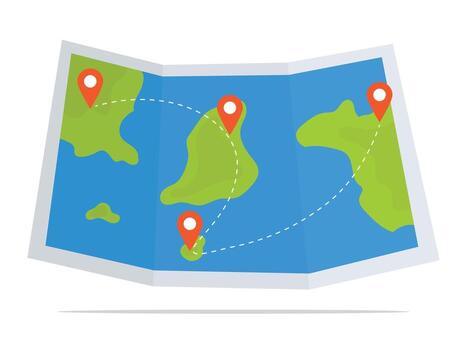 Paper map with route and pin, folded travel map vector