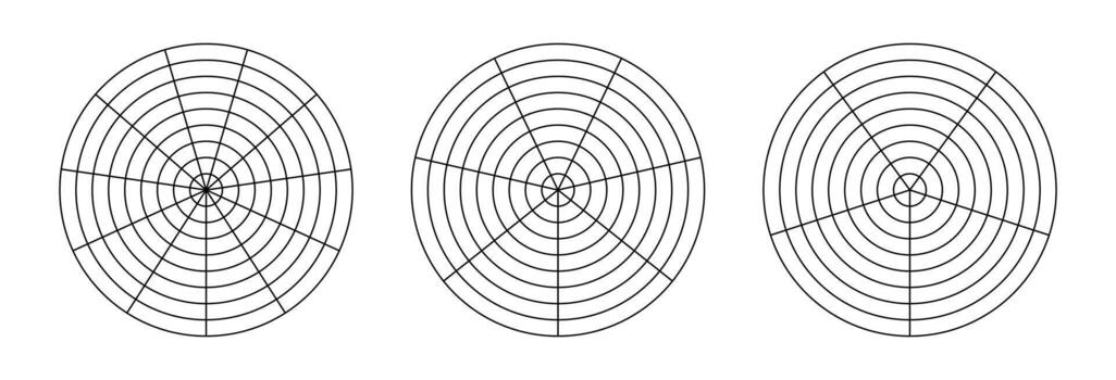 Polar grid with segments, concentric circles. Wheel of life. Coaching tool simple for visualizing all areas of life. Circle diagram of life style balance. Black blank of graph paper. vector