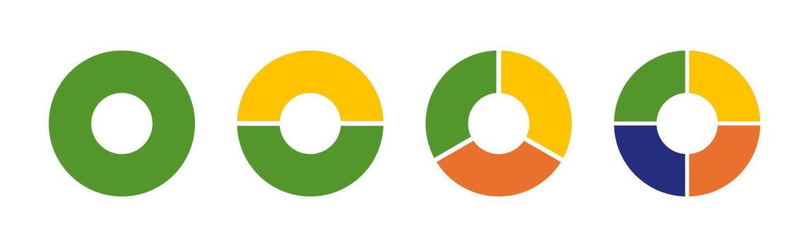 multicolor diagramas infografía. multicolor rosquilla gráficos, pasteles segmentario en desde 1 a 4 4 igual partes. circulo sección grafico. ruedas dividido en secciones. cargando bar Bosquejo. tarta, Pizza gráfico diseño vector