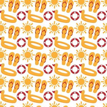 Sun, flip flops with rescue ring and inflatable duck seamless pattern for vacation merch vector