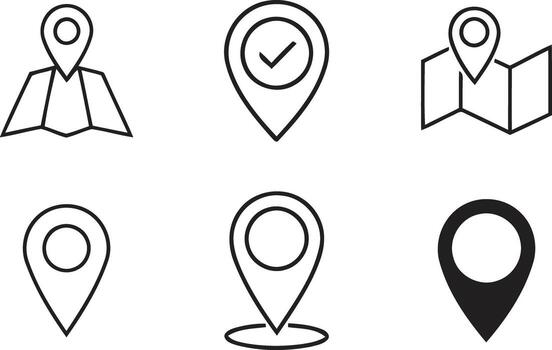 Simple black line icons displaying various location and map points vector