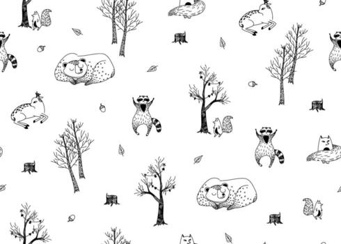 sin costura gráfico modelo con dibujado salvaje bosque animales y arboles dibujado en garabatear línea Arte estilo. vector