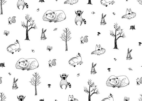 sin costura modelo con dibujado salvaje bosque animales y arboles dibujado en garabatear línea Arte estilo. vector