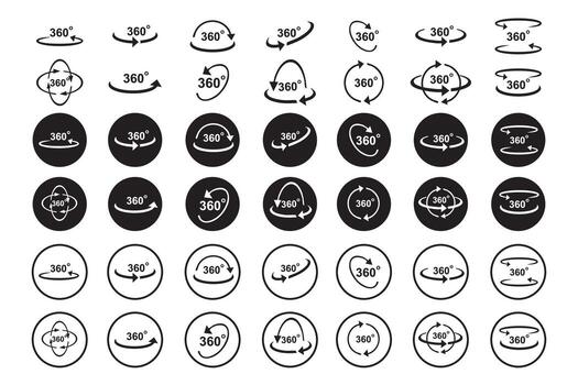 A complete collection of 360-degree rotation icons in various circular designs representing 3D view, panoramic rotation, and interactive motion graphics concepts. vector