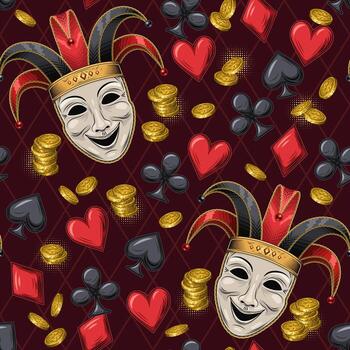 Playing cards and jester masks pattern vector