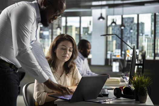Professional employees team analyzing data visualization and documentation. Colleagues collaborating on forecasting, report sharing and performance tracking for business growth. photo