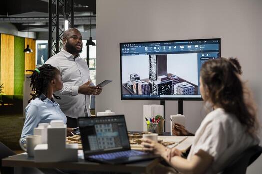 Urban development diverse team discussing property investment new strategy for project approval in a bright office setting, analyzing blueprints and smart city 3D models on architectural software. photo
