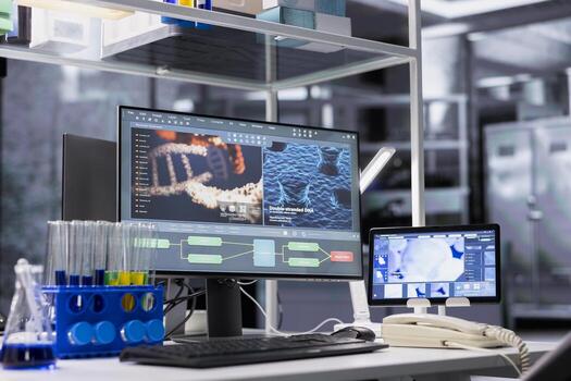 PC in lab with software interface showing genetic markers associated with disease risk. Computer in laboratory used to study DNA strand mapping with genomics analysis program photo