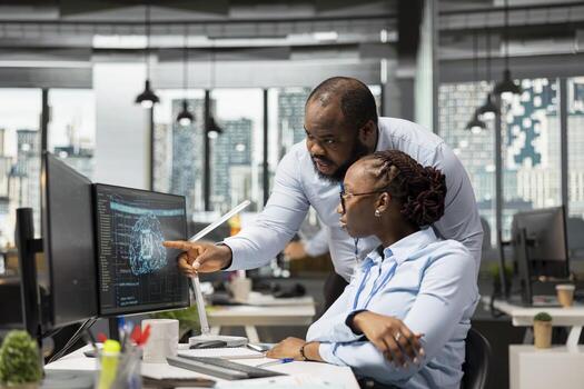 Manager supervising work of stockbroker in office using AI LLM chatbot for instant market analysis and trading tips. Team leader overseeing worker integrating AI analytics to monitor stock market photo