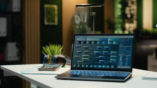 Luxurious modern office space with important reports on laptop, empty desk showcasing important data analytics and insight for management and business administration tasks. Forecasting. photo