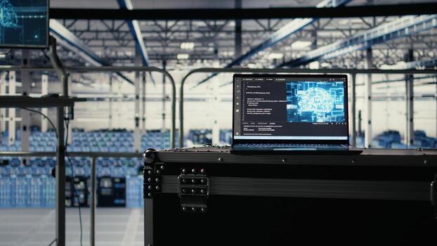 Close up of deep learning coding script running on laptop in server hub doing backups, handling queries. AI tech on notebook in data center enabling enterprise solutions systems, zoom in photo