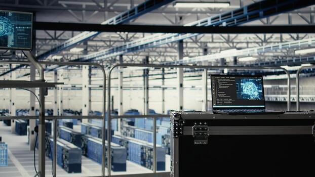AI on laptop in server farm enabling machine learning tasks powering networks. Artificial intelligence programming language running software development tools on notebook in data center photo