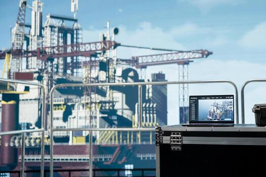 Laptop on offshore platform with software used to monitor equipment components performance in real time. Notebook on drilling rig deck used to calibrate infrastructure with asset management system photo