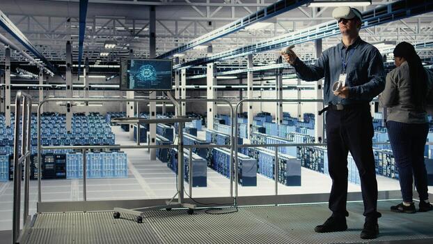 Programmer in server room wearing VR headset optimizing deep learning systems handling tasks. Data center IT specialist adjusting AI model parameters using virtual reality, camera A photo