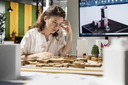 Stressed fatigued developer creates the structural property layout with 3D models, feeling under pressure due to zoning regulations. Contractor with a modern redevelopment vision. photo