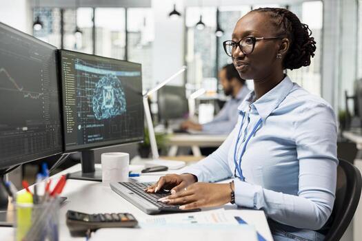 Trader in prop firm office using AI machine learning to analyze market data and execute trades using trading app on PC. Woman monitoring stock exchange using artificial intelligence tech photo