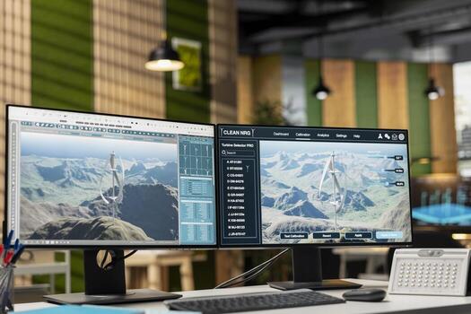 Advanced wind turbine models displayed on multi monitor PC setup in empty office. Innovative VAWT turbine in CAD software on computer display in alternative technology company workplace photo