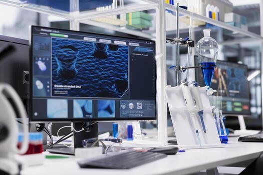 Computer monitor in biotechnology laboratory showing 3D molecular model visualization used for research. High tech bioengineering software on PC in medical lab displaying DNA data photo