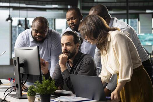 Colleagues presenting proposals and financial insights to shareholders during a corporate event. Group collaborates on budgeting, objectives and planning for business development. photo