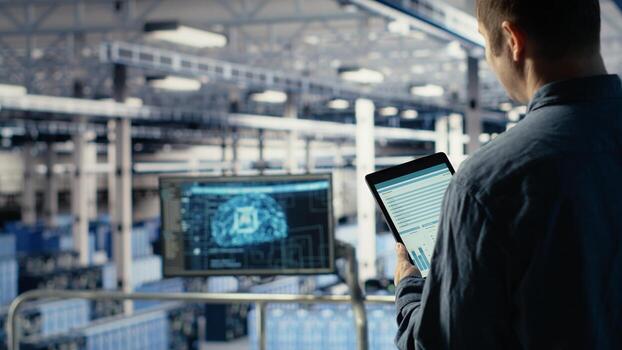 Server room IT expert swiping on tablet touchscreen to read data charts, monitoring equipment health. Admin reviews analysis metrics graphs on device to make sure data center meets goals, camera B photo