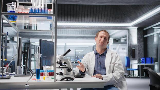 POV of lab scientist on conference call explaining molecular analysis and biotechnology study results. Web connection supports telehealth, medical discovery and innovation. photo