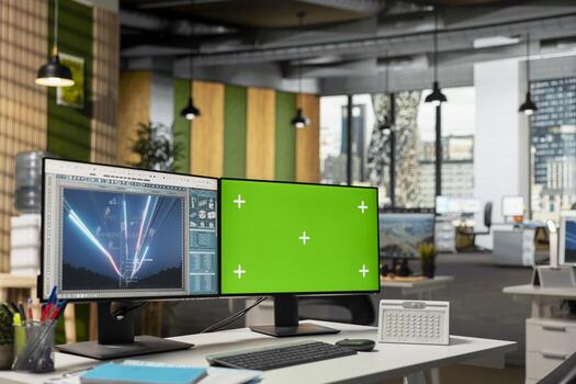 Electrical grid data on isolated screen PC in empty office used to identify energy audit findings. Transmission tower efficiency metrics analytics dashboard on chroma key computer monitor photo