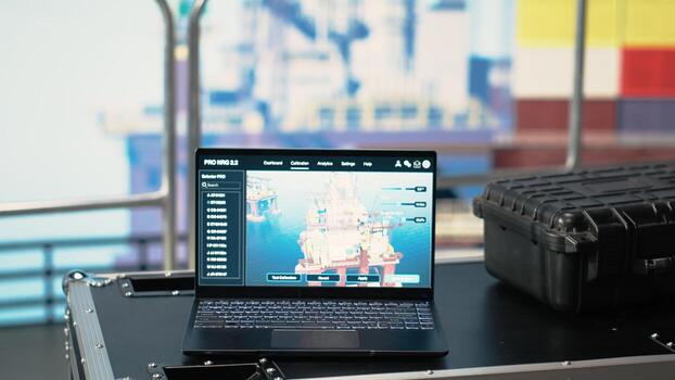 Laptop on drilling barge displaying predictive maintenance dashboard, monitoring machinery. Notebook on offshore platform deck digital analyzing performance metrics, zoom in shot photo