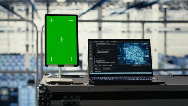 Isolated screen tablet in data center training infrastructure for AI technology workloads. Chroma key device in server farm enabling machine learning training and inference photo